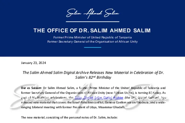 PRESS RELEASE: The Salim Ahmed Salim Digital Archive Releases New Material in Celebration of Dr. Salim’s 82nd Birthday