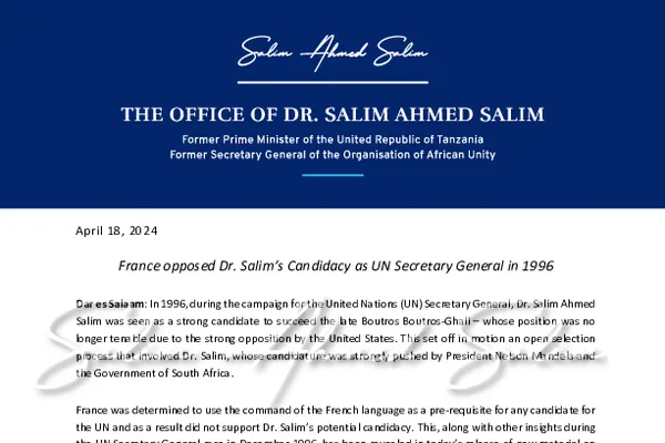 PRESS RELEASE: France Opposed Dr. Salim’s Candidacy as UN Secretary General in 1996