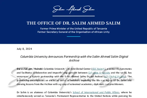 PRESS RELEASE: Columbia University Announces Partnership with the Salim Ahmed Salim Digital Archive