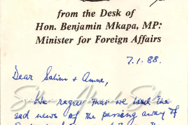 Dr. Salim Receives Condolence Note from Benjamin Mkapa